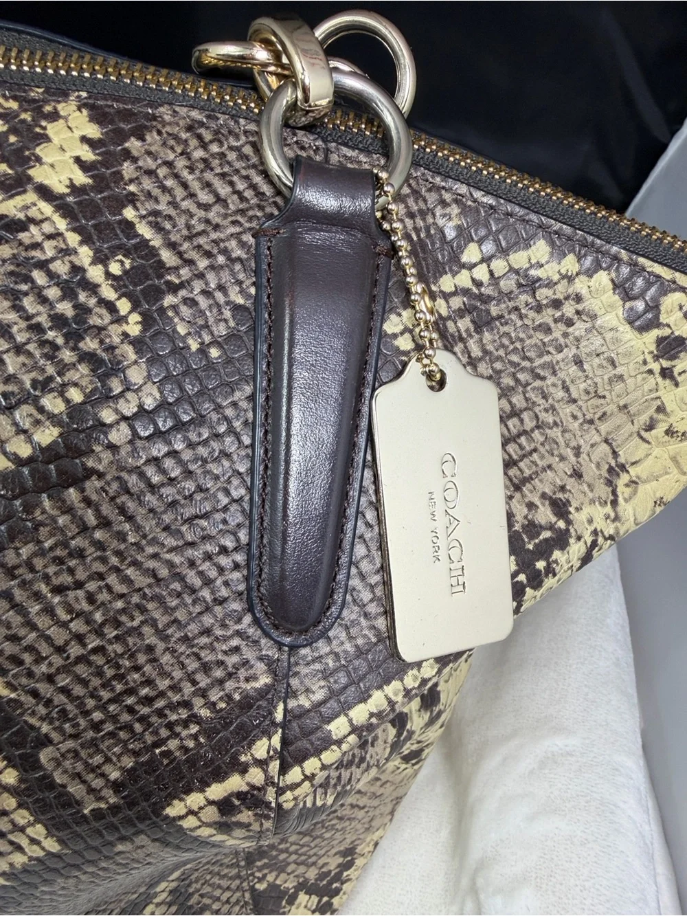 Coach Snake Print Satchel Handbag Brown Tan Leather Trim Gold Hardware